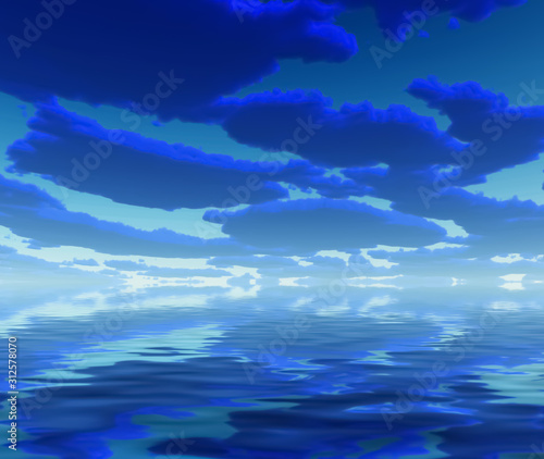 Surreal digital art. Blue clouds reflected in the water surface