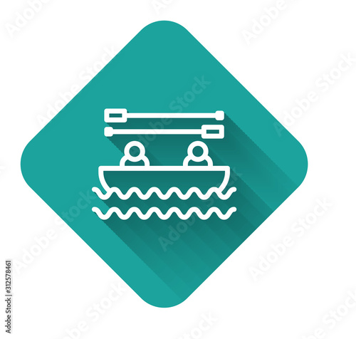 White line Boat with oars and people icon isolated with long shadow. Water sports, extreme sports, holiday, vacation, team building. Green square button. Vector Illustration
