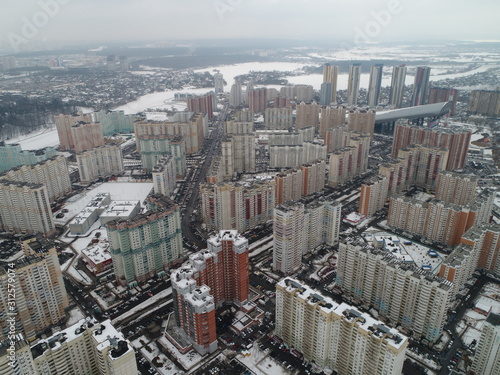 Aerial view. suburb of Pavshinskaya Poyma Krasnogorsk, Moscow region Russia. Mitino, Yuzhnoye Tushino, Pokrovskoye-Streshnevo is Moscow districts. Moscow Ring Road Moskva River. Poima photo