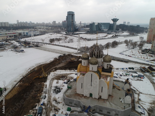 Aerial view. suburb of Pavshinskaya Poyma Krasnogorsk, Moscow region Russia. Mitino, Yuzhnoye Tushino, Pokrovskoye-Streshnevo is Moscow districts. Moscow Ring Road Moskva River. Poima photo