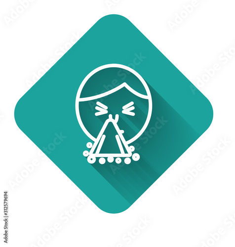 White line Man holding handkerchief or napkin to his runny nose icon isolated with long shadow. Coryza desease symptoms. Green square button. Vector Illustration