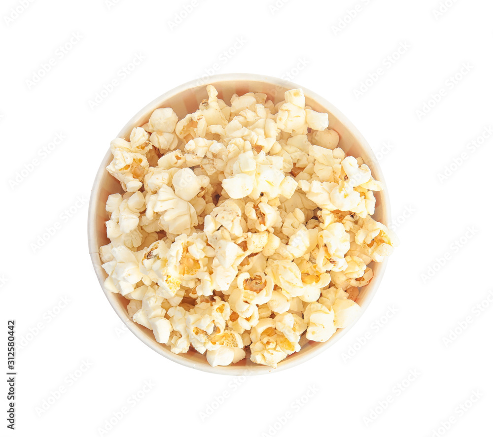Bucket of tasty pop corn isolated on white, top view