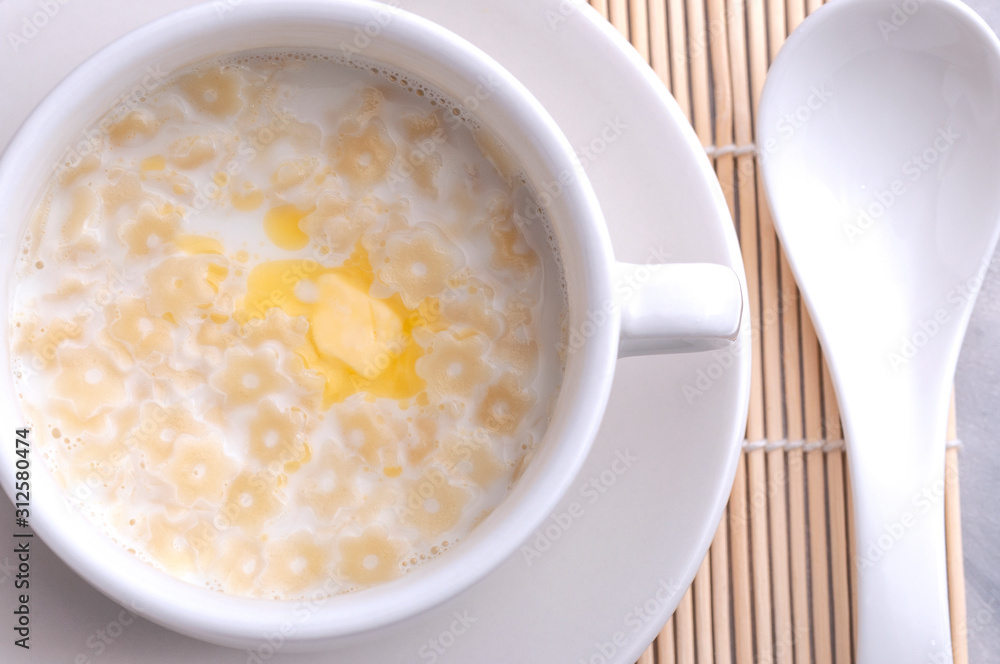 Tasty soup for children. Interesting stars in the soup.