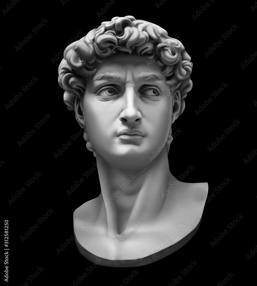 3D rendering of Michelangelo's David bust isolated on black. High quality detailed monochrome illustration.