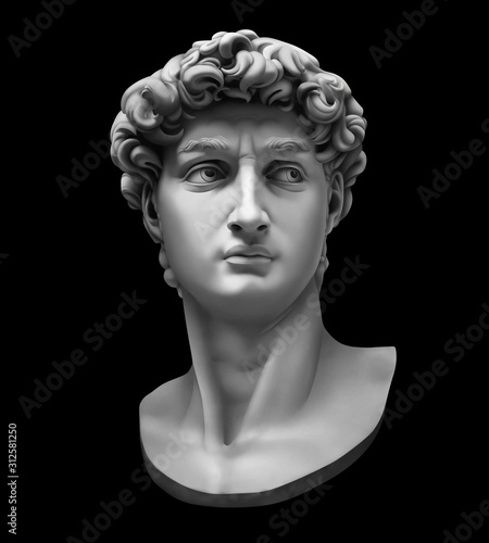 3D rendering of Michelangelo's David bust isolated on black. High quality detailed monochrome illustration.