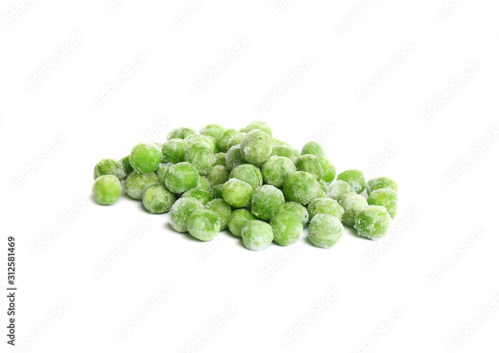 Pile of frozen peas isolated on white. Vegetable preservation Pile of frozen peas isolated on white. Vegetable preservation