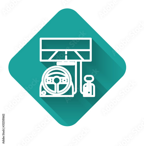White line Racing simulator cockpit icon isolated with long shadow. Gaming accessory. Gadget for driving simulation game. Green square button. Vector Illustration