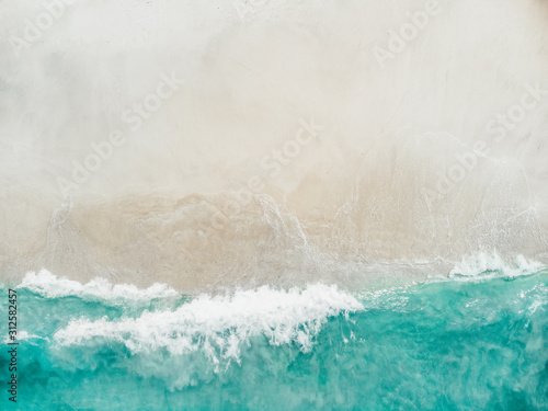 beach with turquoise sea water and palm trees, aerial drone shot, Top view of beautiful white sand