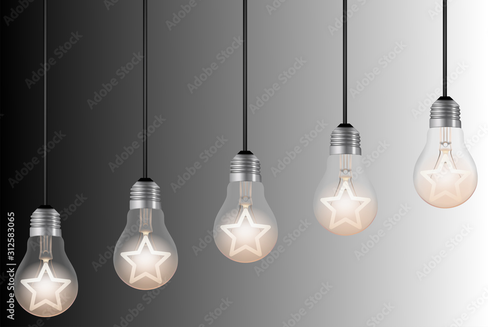 five lightbulbs with lit stars on black and white background. ranking or rating image concept five lightbulbs with lit stars on black and white background. ranking or rating image concept