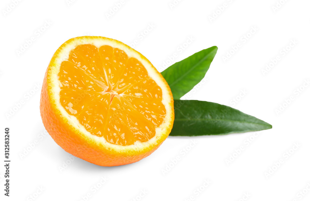 Half of fresh ripe tangerine with leaves isolated on white. Citrus fruit Half of fresh ripe tangerine with leaves isolated on white. Citrus fruit