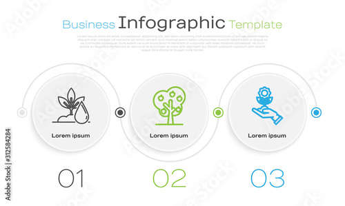 Set line Watering plant, Tree with apple and Hand holding flower. Business infographic template. Vector photo