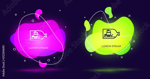 Line Glass bottle with ship inside icon isolated on black background. Miniature model of marine vessel. Hobby and sea theme. Abstract banner with liquid shapes. Vector Illustration