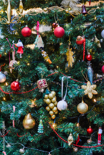 Decorated christmas tree Close up section of tree with lots of decorations