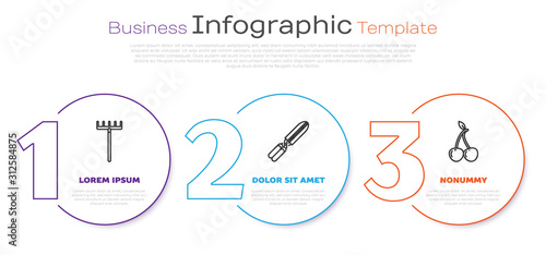 Set line Garden rake, Gardening handmade scissors for trimming and Cherry. Business infographic template. Vector