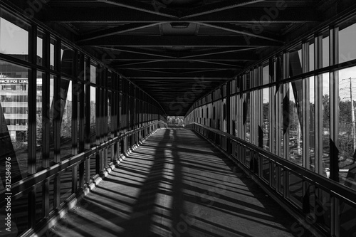 pedestrian pathway above highway, golden light shining creating shadows. Black and white.