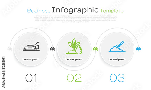 Set line Lawn mower, Watering plant and Garden trowel spade or shovel in the ground. Business infographic template. Vector