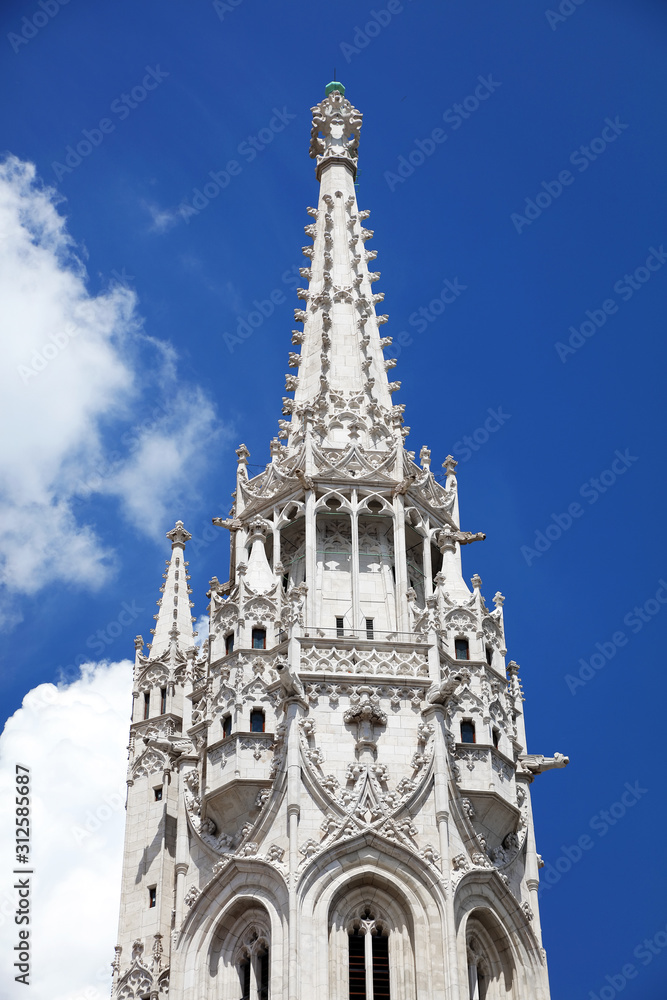 Matthias Church, a church located in Budapest, Hungary, in front of the Fisherman's Bastion at the hill of Buda's Castle District