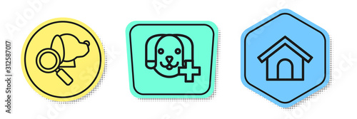 Set line Veterinary clinic symbol, Veterinary clinic symbol and Dog house. Colored shapes. Vector