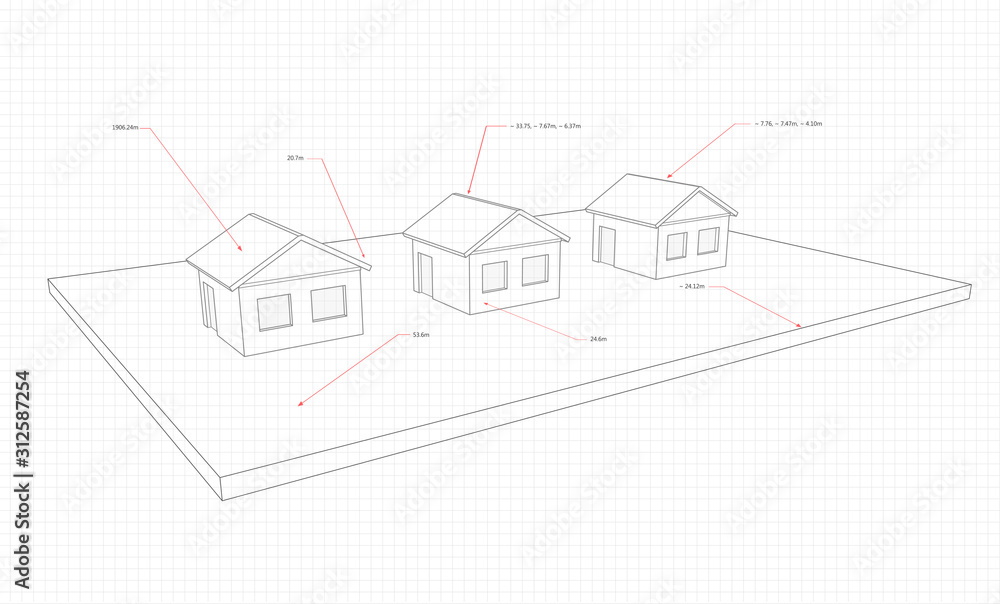 Drawing house project, with red pointers, on a notebook sheet Drawing house project, with red pointers, on a notebook sheet