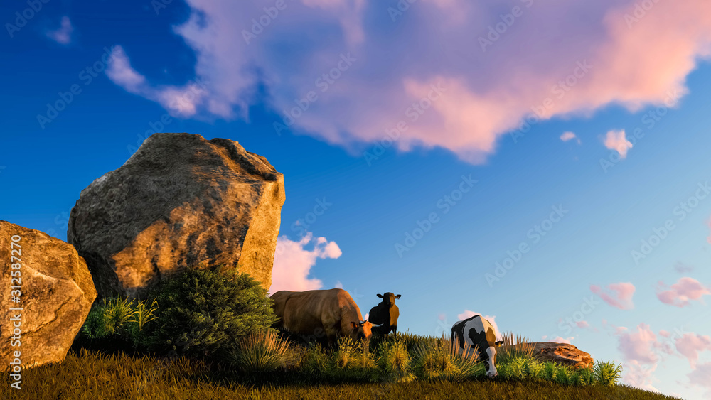 Cow Grass in Nature, Cow Concept in Landscape, 3D Rendering
