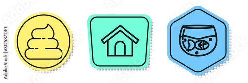 Set line Shit, Dog house and Aquarium with fish. Colored shapes. Vector