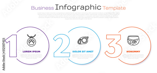 Set line Collar with name tag, Retractable cord leash with carabiner and Aquarium with fish. Business infographic template. Vector