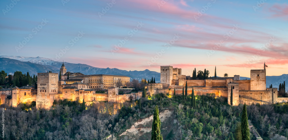 panoramic view of alhambra de granada during the sunset