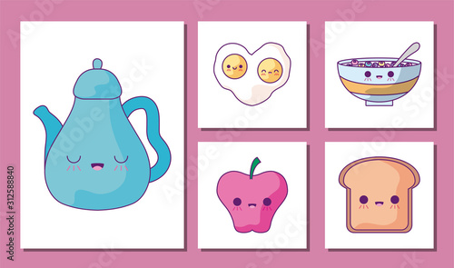Breakfast and food cartoons icon set vector design