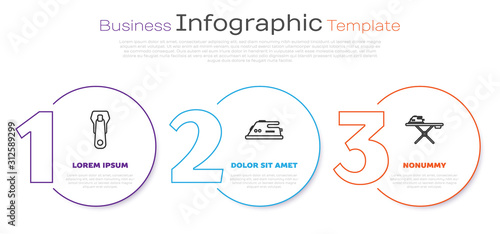 Set line Zipper, Electric iron and Electric iron and ironing board. Business infographic template. Vector