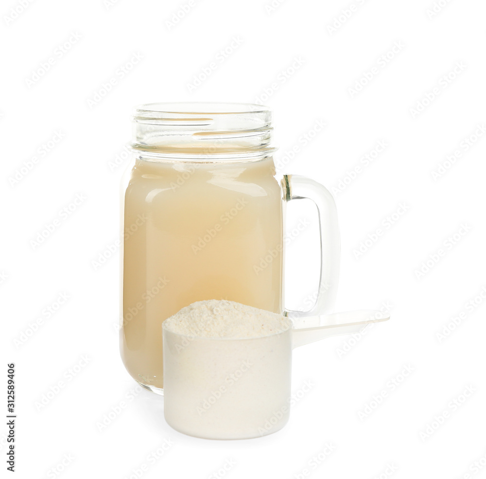 Protein shake and powder isolated on white Protein shake and powder isolated on white