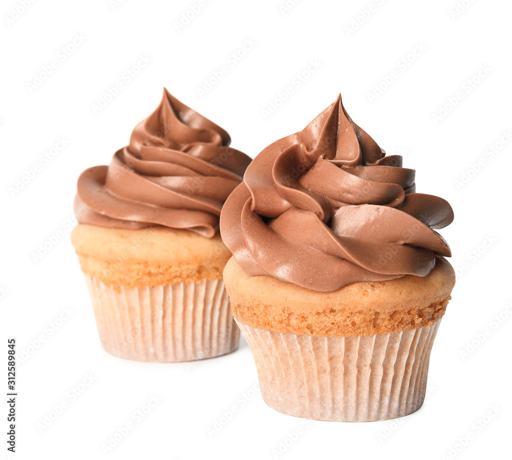Delicious birthday cupcakes decorated with cream on white background Delicious birthday cupcakes decorated with cream on white background