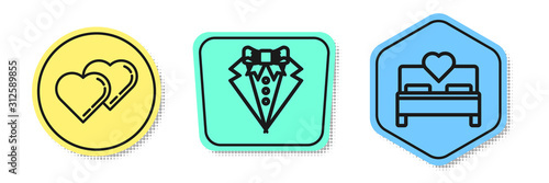 Set line Two Linked Hearts, Suit and Bedroom. Colored shapes. Vector