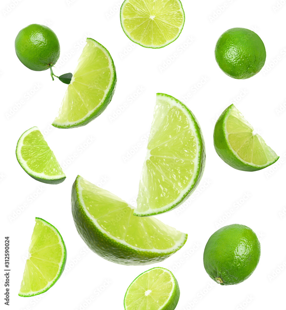 Collage of flying limes on white background