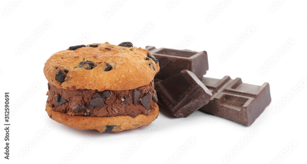 Sweet delicious ice cream cookie sandwich and chocolate isolated on white Sweet delicious ice cream cookie sandwich and chocolate isolated on white