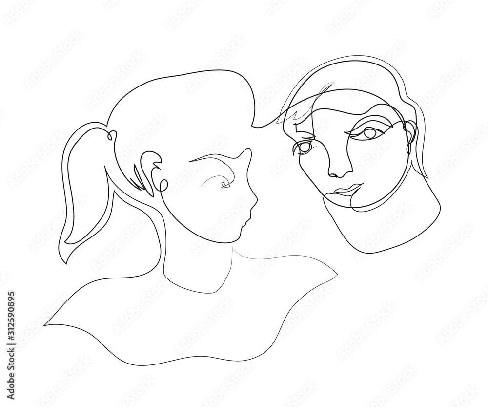One continuous line drawing of boy and girl. Simple line art drawing of boy and girl.