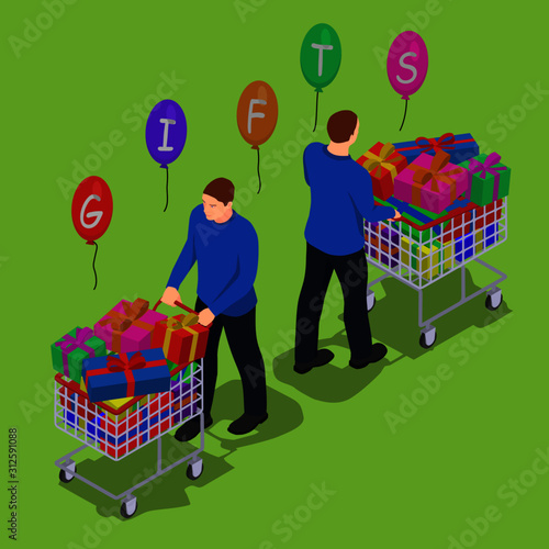 Men with a shopping cart in isometric view. Two identical men with gifts in trolleys