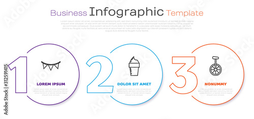 Set line Carnival garland with flags, Ice cream in waffle cone and Unicycle or one wheel bicycle. Business infographic template. Vector