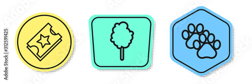 Set line Ticket, Cotton candy and Paw print. Colored shapes. Vector
