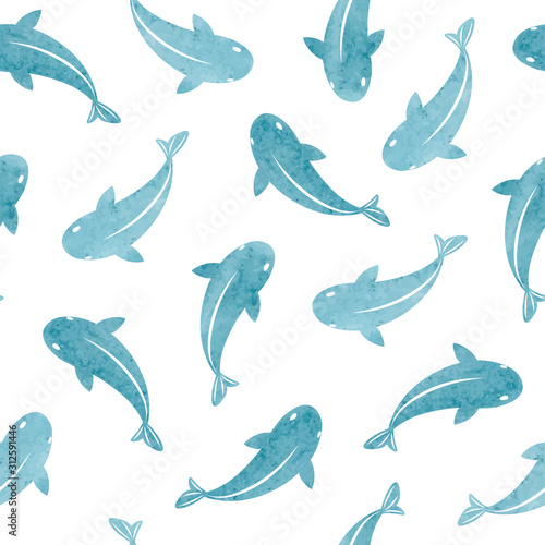 Seamless sea pattern with blue watercolor fish silhouettes. Marine background.
