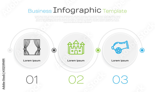Set line Curtain, Castle and Cannon. Business infographic template. Vector