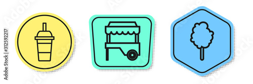 Set line Paper glass with drinking straw and water, Fast street food cart with awning and Cotton candy. Colored shapes. Vector
