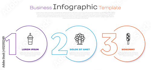 Set line Paper glass with drinking straw and water, Ferris wheel and Corn dog. Business infographic template. Vector