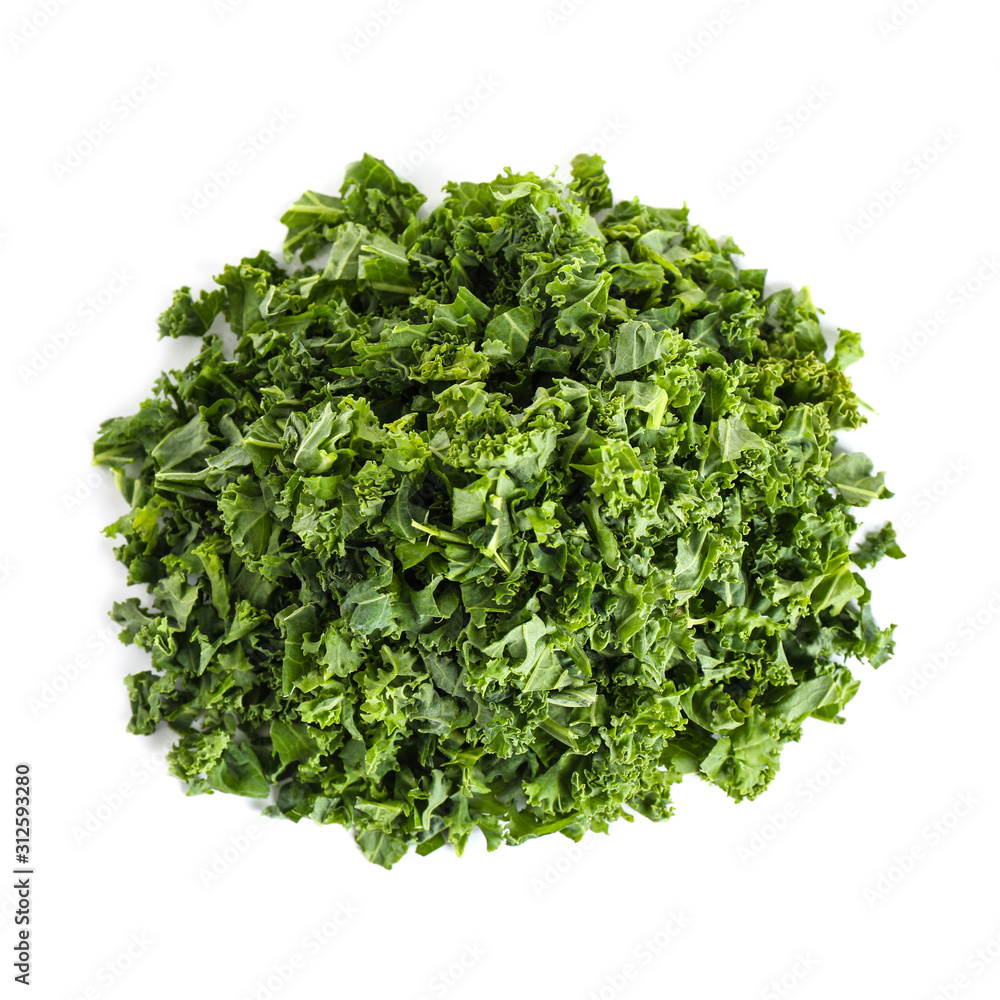 Obraz premium Fresh green kale leaves isolated on white, top view