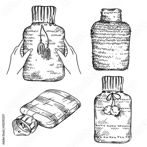 Set of rubber hot water bottles  in  knitted covers, vector sketch