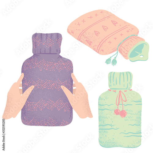 Set of rubber hot water bottles  in  knitted covers, vector illustration