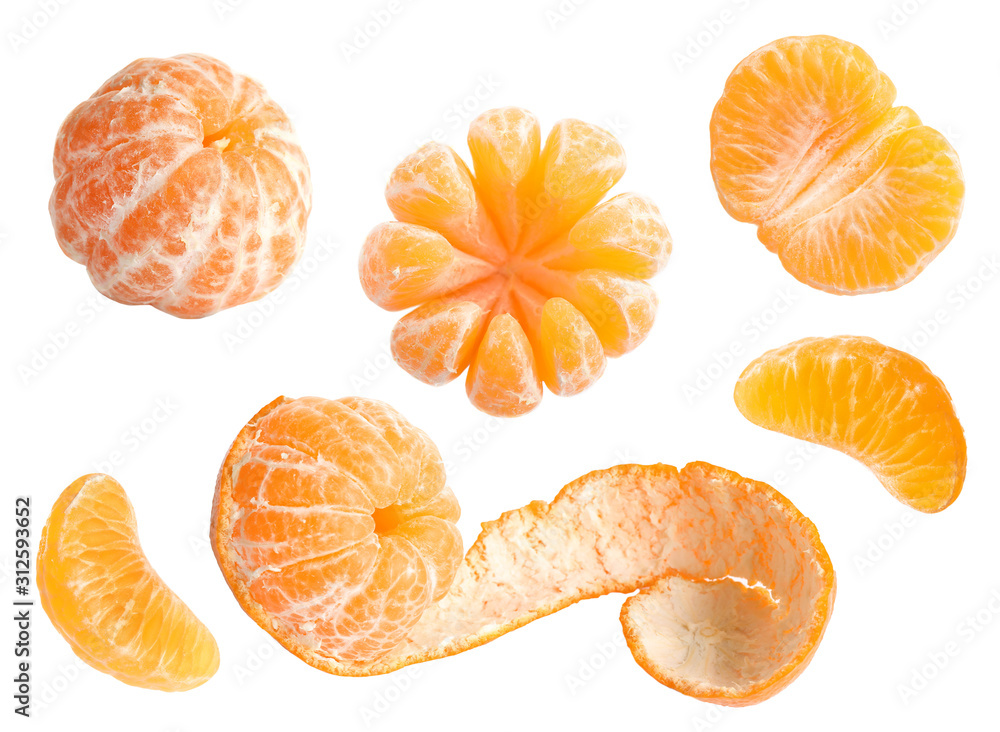 Set of fresh juicy tangerines on white background