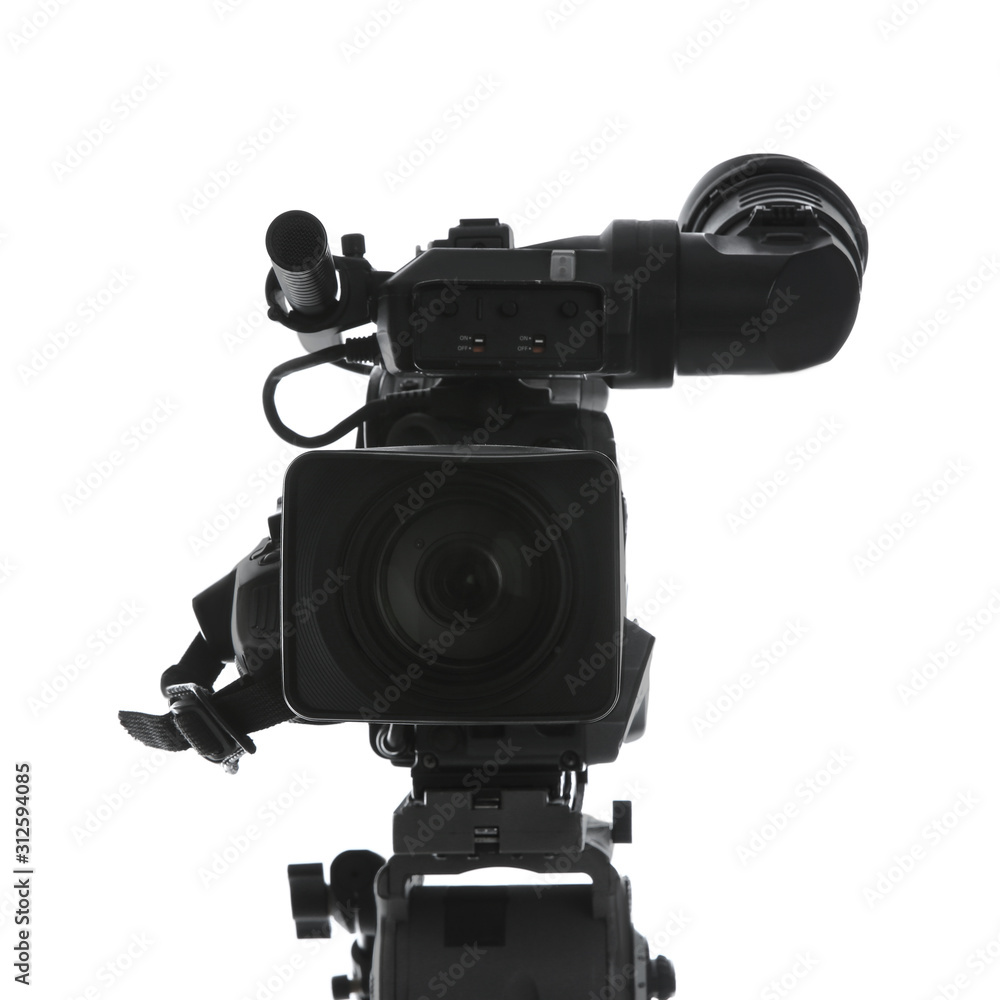 Modern professional video camera isolated on white