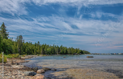 Rocky shoreline and water Lake Huron Manitoulin Island, blue sky, forest, nobody photo