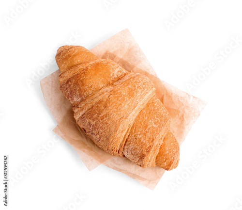 Tasty fresh crispy croissant isolated on white, top view