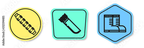 Set line Hunting cartridge belt with cartridges, Quiver with arrows and Hunter boots. Colored shapes. Vector